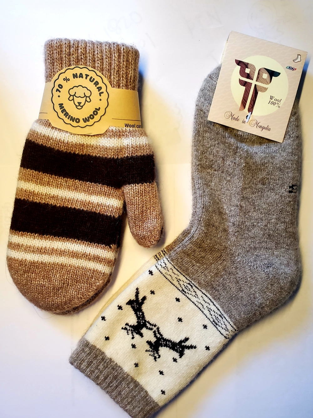 Kid's Mongolian 70% Wool Socks & Mittens Set - Gray and Beige